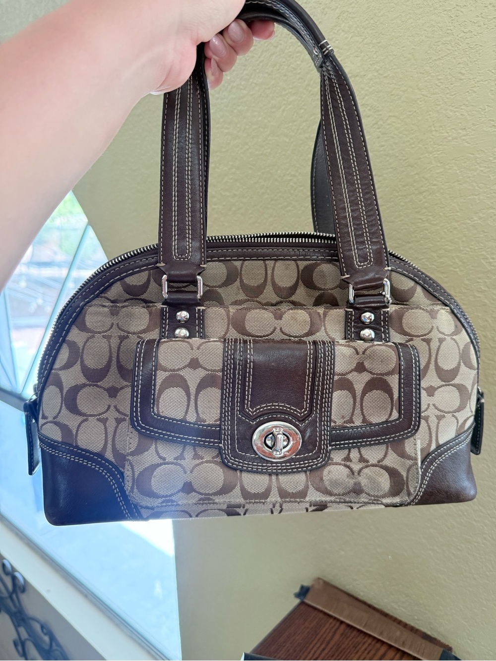 Coach Khaki Signature Canvas Satchel with Chestnut Trim
